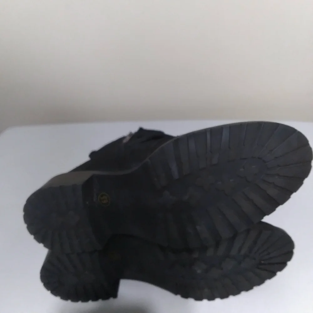 Anne‎ Klein Black Leather  Moto Boots Aknilos Iflez  Suede Chunky Buckles 6.5